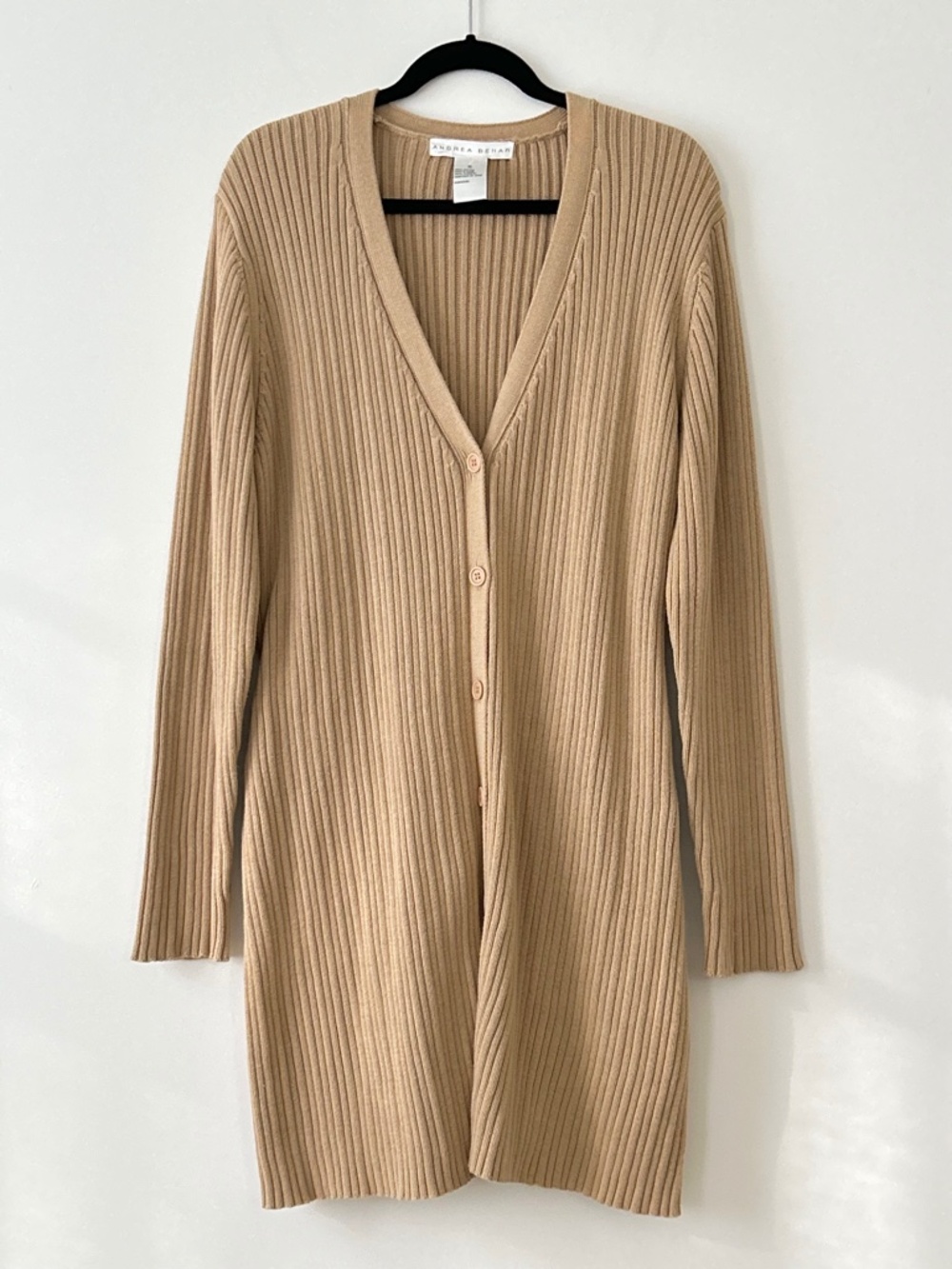 Andrea Behar 100% Cotton Tan Ribbed Belted Long Cardigan